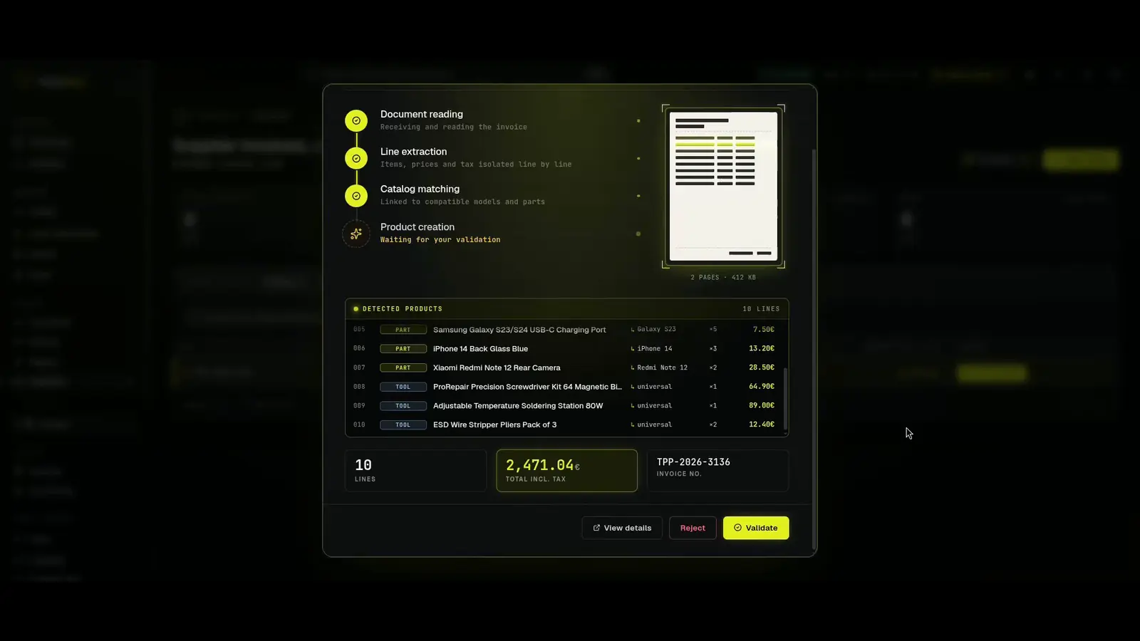 RepairMind invoice analysis: VAT, amounts and line items extracted automatically for compliant bookkeeping