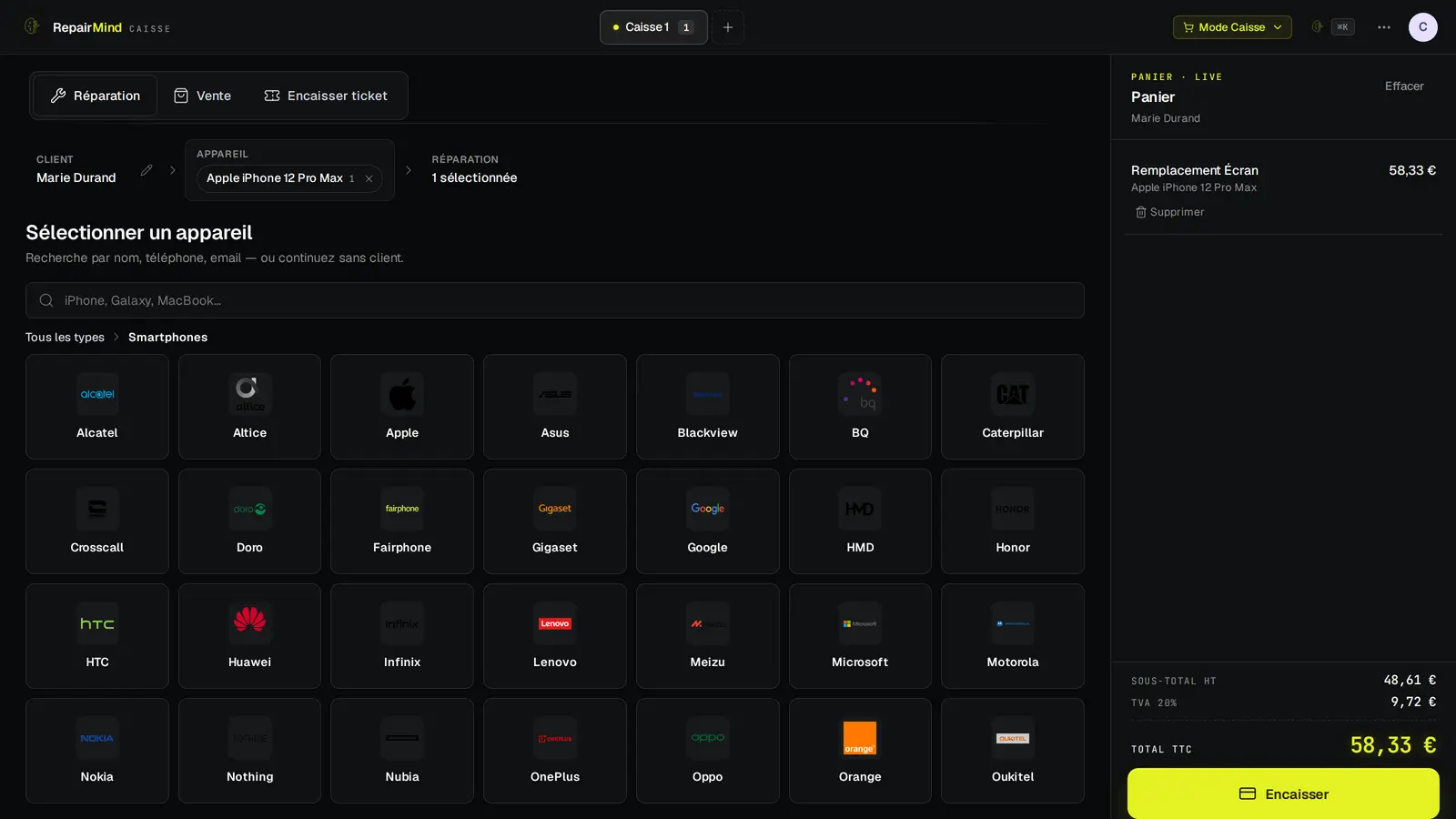 RepairMind POS: checking out a repair with itemised VAT, every transaction recorded and chained